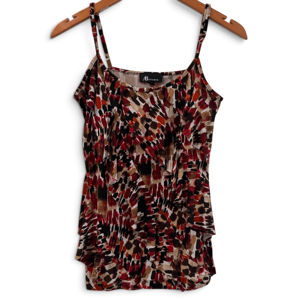 AB Studio Abstract Print Ruffle Front Camisole Red Brown Y2K Tank Top Womens